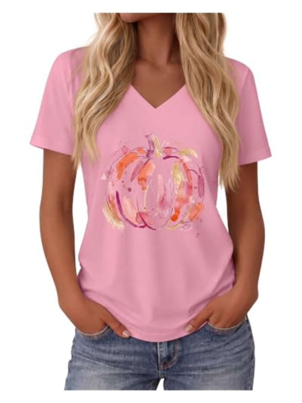 Women Fall Shirt Pumpkin V-Neck Short Sleeve Top